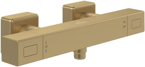 Villeroy & Boch Universal Taps & Fittings termostato per doccia, rubinetteria per doccia con sistema antiscottatura e blocco di sicurezza a 38°, miscelatore doccia a parete, quadrato, Oro spazzolato