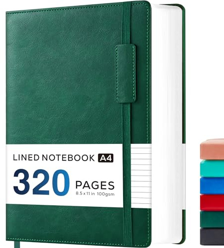 NIRMIRO Notizbuch A4 Liniert, Extra großes Tagebuch für Erwachsene Frauen und Männer, 320 Seiten Bullet Journal Buch mit 100 g/m² Tintenfestes Dickem Papier, Innentasche, 21,5cm x 28cm, Grün
