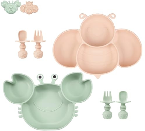 PandaEar 2 Stück Silikon Kinderteller mit Saugnapf und 2 Babylöffel 2 Gabeln, Baby Teller BPA-freie, Rutschfest, Geteilte Geschirr Set für Kleinkinder