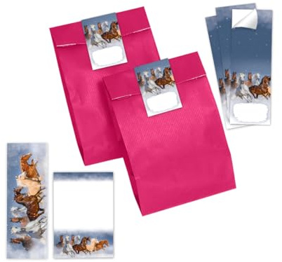 12 Lesezeichen + 12 Notizblöcke + 12 Geschenktüten (pink) + 12 Aufkleber Pferde Mitgebselset Gastgeschenke für Kindergeburtstag Mädchengeburtstag