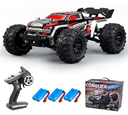Teeggi 16102 1:16 Fjärrstyrd bil, 2,4 Ghz kolborstmotor, höghastighetsstyrd terrängkörning, 50 km/h 4WD terrängleksaksbil, 3 batterier (röd)