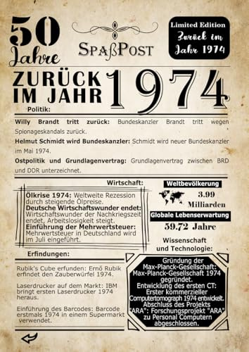 Geburtstags-Gästebuch 1974: 50 Jahre - Retrospektive Zeitungsumschlag: 120 Seiten/ 8,27 x 11,69 Zoll (21 x 29,7 cm)