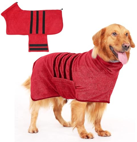 PETCUTE Mikrofaser Hundebademantel mit Klettverschluss, Super saugfähig und schnell trocknend, für mittlere und große Hunde, maschinenwaschbar, rot, 2XL