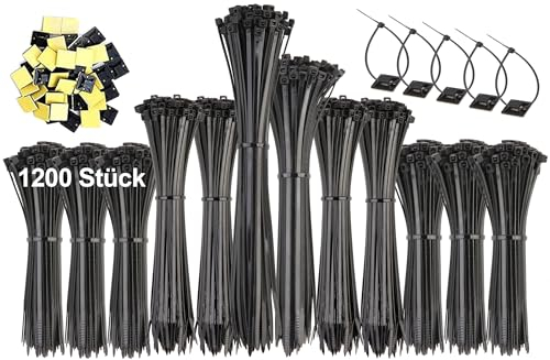 1200 Stück Kabelbinder Schwarz Set 100/150/200/250mm UV Beständig Selbsthemmend für Garten Werkstatt Kabelmanagement Mit 50 Selbstklebende Basishalter