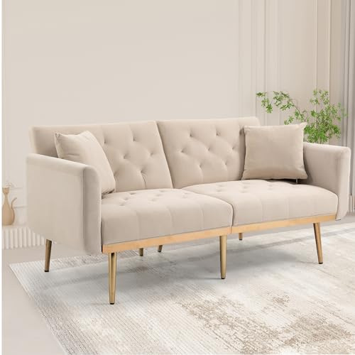 YESGIGA Mjuk sammet 3-sits design soffa, konvertibel 3-justerbar soffa säng, robust metallbenstöd, lämplig för flera scenarier vardagsrum, sovrum (beige)