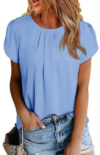 Dokotoo Camicia Donna Estiva Elegante Blusa a Maniche Corte con Girocollo Camicetta Casual in Chiffon Camicie, Azzurro Cielo, 2XL