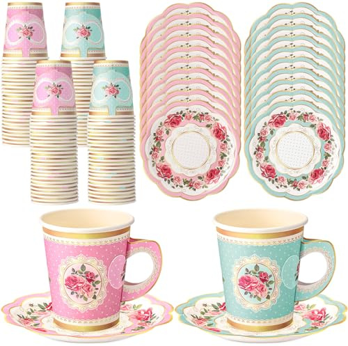 Tioncy 100 decorazioni per feste da tè, includono 50 tazze da tè di carta da 255,1 g con manico e 50 piatti usa e getta tazze da tè e piattini, set per compleanno di ragazze (floreale rosa e blu)