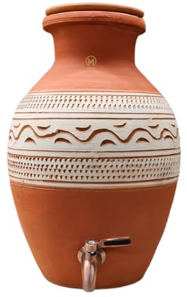 Mittify Handmade Terracotta Clay Water Pot 11L with Lid & Metal Tap | Tribal Art Design Earthen Pot | 100% Eco-Friendly Dispenser | Mitti Ka Matka