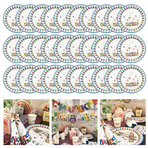 Oblique Unique® Endlich Schulkind Party Pappteller Set Papierteller Einwegteller für Schuleinführung Einschulung Tischdeko für Jungen und Mädchen (Bunt - 30 Stück)