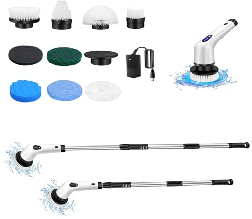 Electric Spin Scrubber Cordless Rechargeable, 10 in 1 Electric Cleaning Brush, Large Power with 2 Adjustable Speeds, Adjustable Handle Shower Cleaner Brush for Bathroom, Tub, Toilet, Kitchen