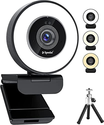 Spedal Webcam 4k mit Ringlicht, integriertem Doppelmikrofon & Privacy-Schieber – Schneller Autofokus, einstellbare Helligkeit, USB-Streaming-Kamera mit Stativ für Zoom, Teams, YouTube, Skype Meetings