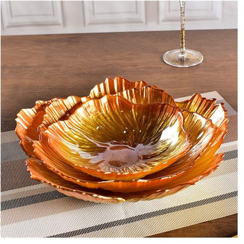 XUJUAN-0227 Fruit Basket Bowl Nordic Style Modern Flower Shape Fruit Plate 3 Sets Household Crystal Glass Pearlescent White Simple Snack Storage Plate Large Capacity Fruit Bowls(Orange-A)