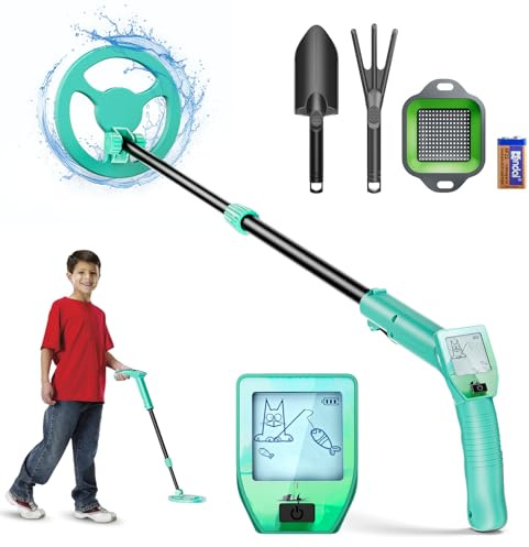 Detecteur de Metaux Enfants, Léger Détecteur de Métaux avec Écran LCD et Bobine de Recherche Étanche, Hauteur Réglable 16-33 in, Detecteur Metaux Enfant de Haute Précision avec Râteau, Pelle, Tamis