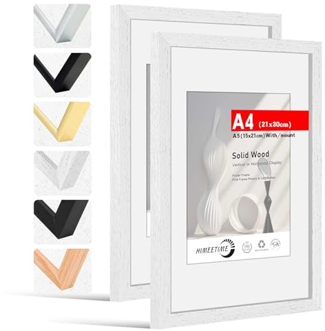 HIMEETIME® 2x Bilderrahmen DIN A4 21x30 cm Weiss Holz Fotorahmen aus Massivholz Rahmen 21x29,7 cm,Bild mit Passepartout Display 10x15cm,für Wandbehänge oder Tischdekoration