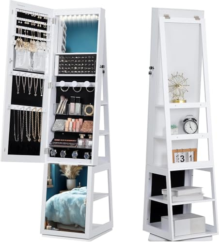 Hzuaneri 16 LEDs Jewelry Cabinet Armoire, Standing Jewelry Organizer with 360° Rotating Base, Lockable Full-length Mirror, 5-tier Storage Shelves, 4-in-1 Design, 61.5 H, White and Black JC15903B