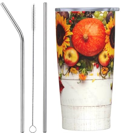 VOSERY Botella de agua de 20 onzas con tapa y popote, vaso aislado de acero inoxidable para Acción de Gracias con calabazas de otoño, hojas de otoño, taza de café de viaje, vaso personalizado