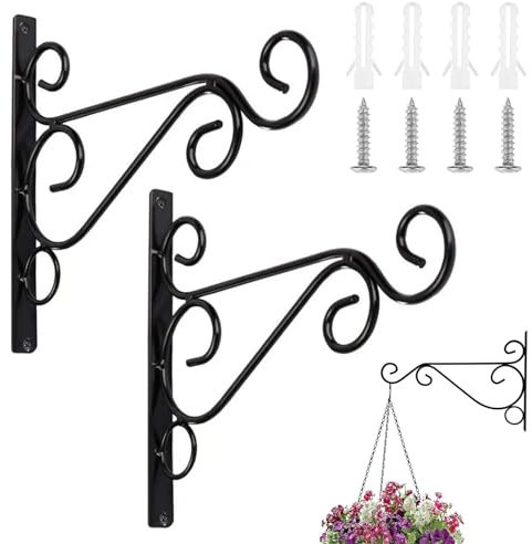 Comioke Metal Hanging Plant Hook, 2 Pack, Black, Wall Mount, Rustic, 5kg Max Load, Outdoor/Indoor