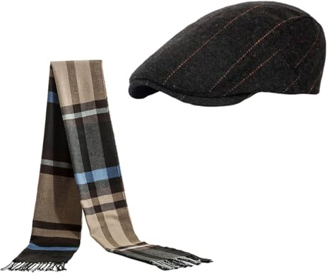CHROMACRAFT 1 Béret, 1 Écharpe À Carreaux Avec Franges, Chapeau En Bec De Canard Pour Hommes, Chapeau Décontracté À La Mode, Chapeau Froid, Ensemble D'Accessoires Chauds D'Hiver