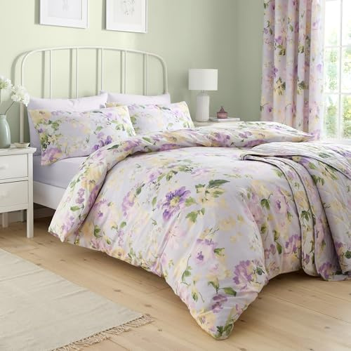 Dreams & Drapes - Heritage Florette Duvet Cover - Double Bedding Size (200 x 200cm) - 2 Pillowcases - Premium PolyCotton - Floral Duvet Cover in Lilac Purple - Purple Bedding with Flowers