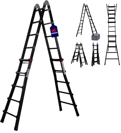 PROREGAL Sprossen-Mehrzweckleiter APOLLO 3-in-1 Aluminiumleiter 4x5 Sprossen bis zu 5m Höhe Traglast 150kg Schwarz Treppenleiter Multifunktionsleiter Klappleiter Teleskopleiter Stehleiter Anlegeleiter
