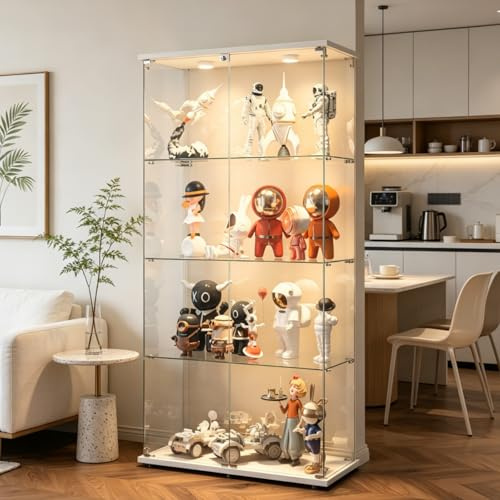 Stående glasvitrinskåp, LED, 2 dörrar, 4 våningar vitrinskåp med glas, vitrinskåp, LED med lås, samlarvitrinskåp, glasvitrinskåp, stående för samlarobjekt, modeller (vit, 2 dörrar 4 våningar LED +