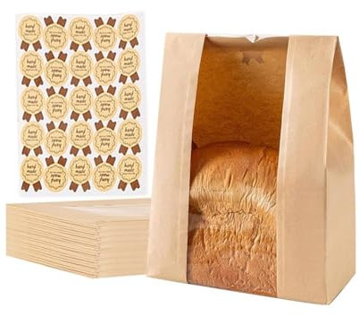 Lot de 25 grands sacs à pain en papier avec fenêtre - Sacs à pain au levain faits maison pour le stockage des aliments cuits au four
