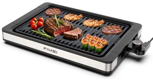 FIMEI Parrilla de Mesa 1800W, Barbacoa Eléctrica para Interior y Exterior, Plancha Cocina Electrica Recubrimiento Antiadherente, Termostato Ajustable, Bandeja Asar y Goteo Apta Lavavajillas
