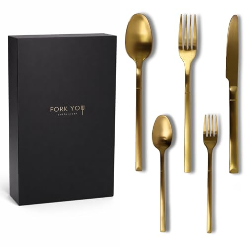FORK YOU Besteckset Gold Matt (20-teilig) für 4 Personen – inkl. Kuchengabeln – Edelstahl 18/10, rostfrei & spülmaschinenfest, hochwertig verpackt, Geschenkidee