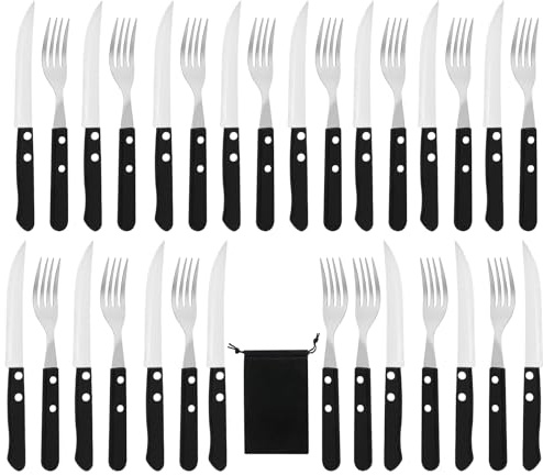 LEKEFETO Cubertería de carne de 30 piezas, cuchillería para 15 personas, cuchillos de carne, tenedor y bistec, cubiertos de acero para bistec (negro)