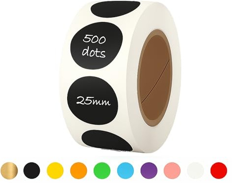 25mm Sticky Dots - 500 Round Coloured Dot Stickers, 10 Assorted Colours, Writable Semi Gloss Labels, Easy Peel Roll, Durable Circle Labels for Office, School Calendars, Crafts & Organisation (Black)