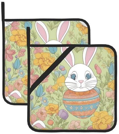 Set presine resistenti al calore, presine per cuocere, grigliare e cucinare, design floreale con coniglietto pasquale
