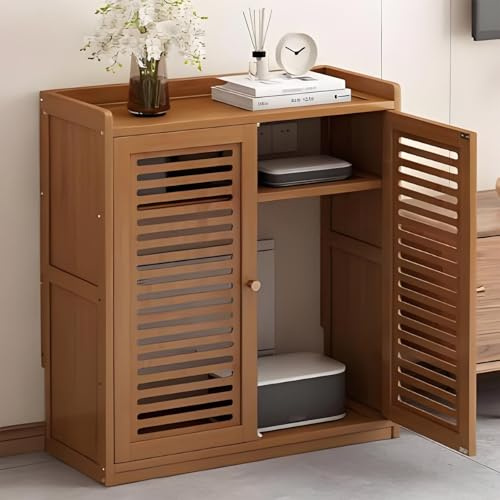 Moderno gabinete multimedia AV – Soporte de almacenamiento de audio y vídeo, estante de madera estéreo de madera, unidad de almacenamiento de medios, acabado marrón, 59 x 25 x 82 cm, elegante solución