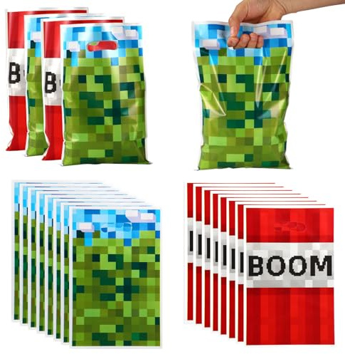 100pz Sacchetti Regalo Pixel Festa, Sacchetti Regalo Tema Videogioco Boom Sacchetto Plastica Caramelle Snack con Manici Bustine per Giocatori Forniture Festa Compleanno (Blu, Verde, Rosso)