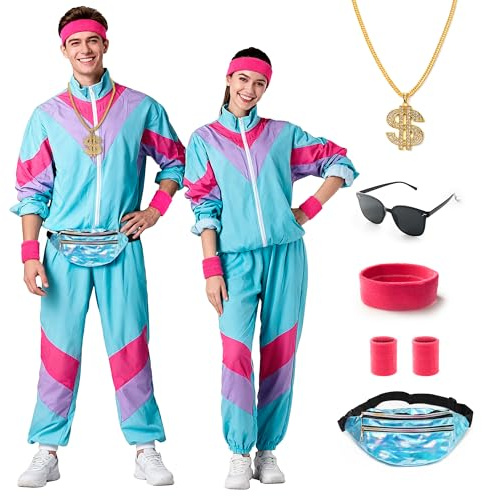 BUIKEC Déguisement Année 80 90, Survêtement de Sport Des Années 80, Tenue Pour Couples Pour Le Carnaval, Survêtement de Jogging, Tenue Pour Hommes des Années 80 (L)
