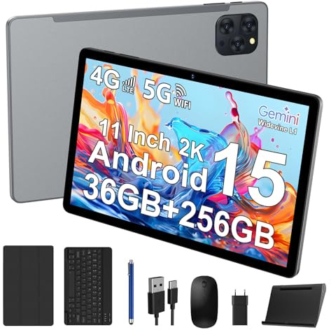 FASTWD Tablet 11 Pulgadas Android 15 Tablet con 4G Doble SIM y 5G WiFi,Tableta Gaming Octa-Core,36 GB RAM+256 GB ROM (1TB TF), 2K incell120Hz,8000mAh,13MP+8MP,Tablets con Teclado,Gris