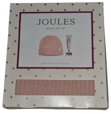 Joules-London Pink Beanie Gift Set with Hand Cream and Lip Balm, Winter Accessories, Nourishing Hand Cream 30ml, Elderflower Lip Balm 7.5g