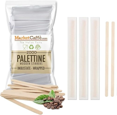 Palette caffè monouso confezionate singolarmente, palettine in legno biodegradabili, compostabili e resistenti al calore, per Girare Zucchero Bevande e Caffe nei Bicchierini (2000 Legno)