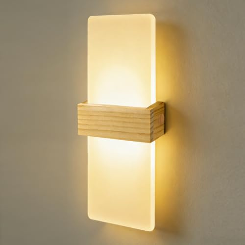 Lámpara de Pared Interior LED 12W 3000K en Acrílico con Carcasa de Madera | JaneYi Blanco Cálido Aplique Pared Luz Arriba y Abajo Moderna Iluminación Indirecta para Pasillo Escalera Salón Dormitorio