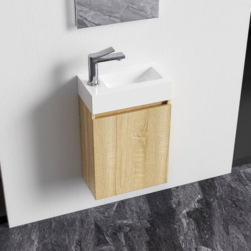 Belvit Badmöbel Set 40 cm, Helle Eiche | Handwaschbecken aus Kunstmarmor 40,5 x 22,5 cm, MDF Unterschrank grifflos mit Soft Close Tür umkehrbar, Spiegel, Wandhängend