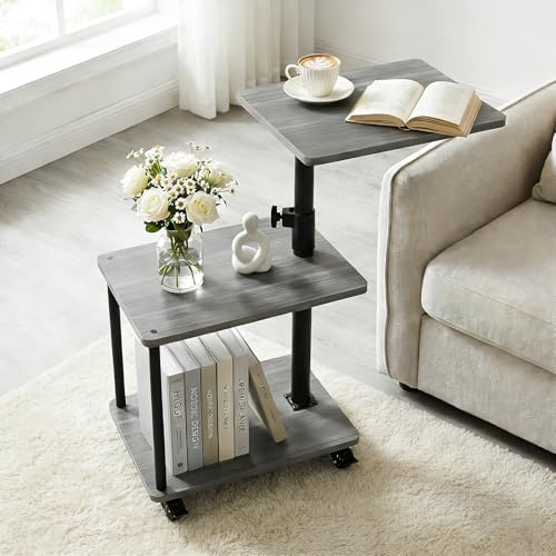 Bingyouth Table d’Appoint Bout de Canapé à roulettes avec Plateau Pivotant 360° Hauteur Réglable 47 71 cm Grand Rangement pour Salon Chambre Bureau Gris Noyer