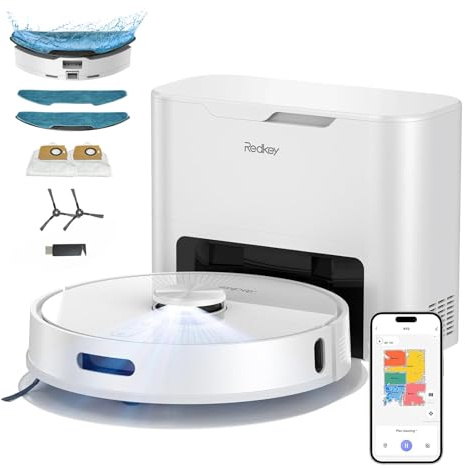 Redkey R10 robotdammsugare med sugstation och torkfunktion, LiDAR-navigering, 180 min körtid Max, 4 l dammpåse, 90 dagars handsfree rengöring, sug och torkrobot för matta