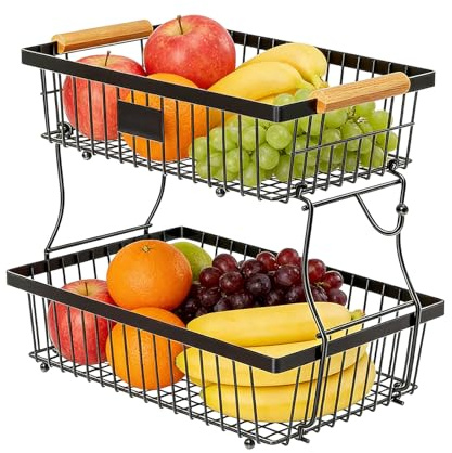 VEGOATY Obstkorb 2-Stöckig mit 2 Bananen-Aufhängern: Abnehmbarer Obstkorb Etagere aus Kohlenstoffstahl, Obst Etagere 2 Stöckig für Obst Aufbewahrung, Gemüse Aufbewahrung (Schwarz)