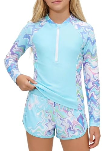 JiAmy Girl Swimsuits with Shorts, Two Piece Girls Swimming Costume,Long Sleeve Kids Swimwear Zip Rash Guard Bathing Suit 8-14 Years