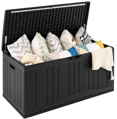 TANGZON 300L/400L Garden Storage Box, Waterproof Outdoor Storage Deck Box with Lockable Lid, Patio Deck Boxes Storage Bin for Cushions Pillows Pool Supplies Tools Sports Equipment (Black, 300L)