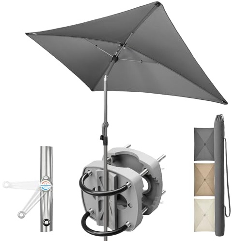 Menz Sonnenschirm Balkon mit Halterung im 3-er-Set, 200x125 cm, UPF 50+, Balkonschirm mit Sonnenschirmhalter für Balkongeländer, Sonnenschutz Balkon, Sonnenschirm rechteckig, Anthrazit