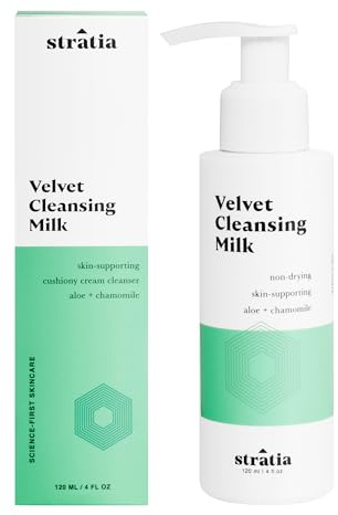 Stratia Velvet Cleansing Milk - Gentle Cream Face Cleanser, Moisturizing & Non-Foaming with Chamomile, Olive Oil & Aloe Vera, 4 Fl Oz