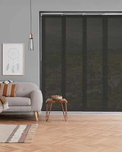 GoDear Design Cordless Adjustable Sliding Panel Track Vertical Blinds, 45.8- 86 W x 96 H, Patio Sliding Door Blinds, Brown Trimmable Fabric Panel Curtains, Light Filterling, Semi-Privacy,Tea Time