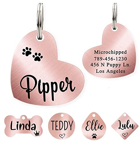 Ultra Joys Dog ID Tag, Custom Dog Tag Personalized Cat Tag, Pet ID Tag, Brushed Stainless Steel Heart Cat Tags Pet Tags Rose Gold Small