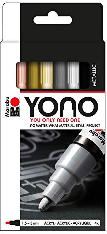 Marabu 1240000004001 - YONO Marker Set Metall mit 4 Farben, vielseitige Acrylstifte mit japanischer Rundspitze 1,5 - 3 mm, wasserbasiert, lichtecht und wasserfest, für nahezu alle Untergründe