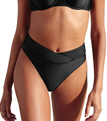 CUPSHE Femmes Maillot de Bain Bikini Noir Taille Haute Coupe Haute Bas de Bikini Coquin M